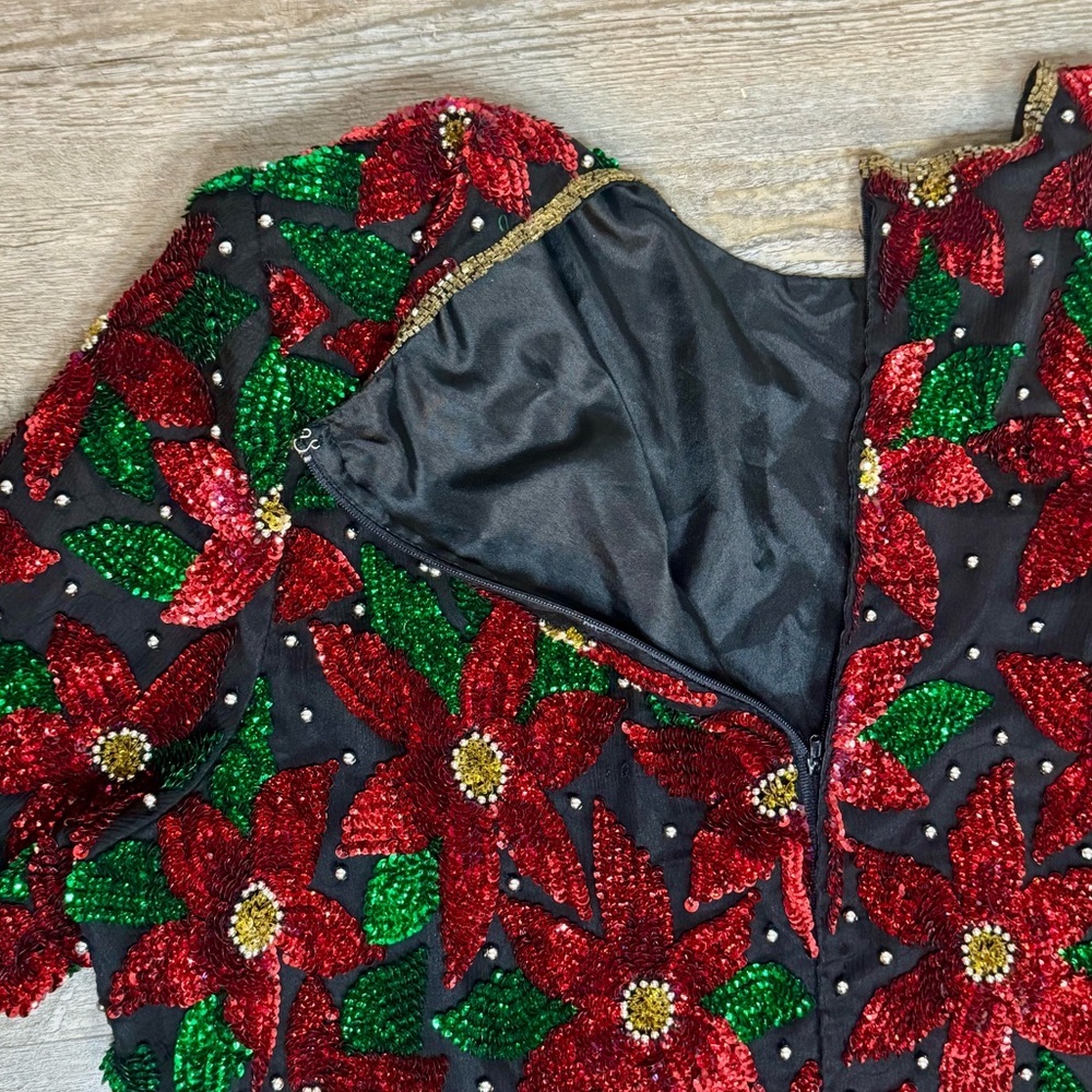 Laurence Kazar Poinsettia Sequin Floral Formal Christmas Blouse - Picture 5 of 7